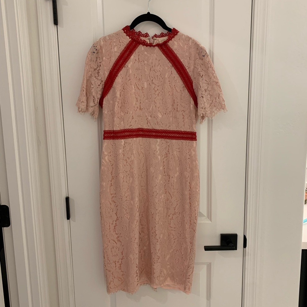 Rachel Parcell Blush Pink Lace Midi Dress with Red Trim